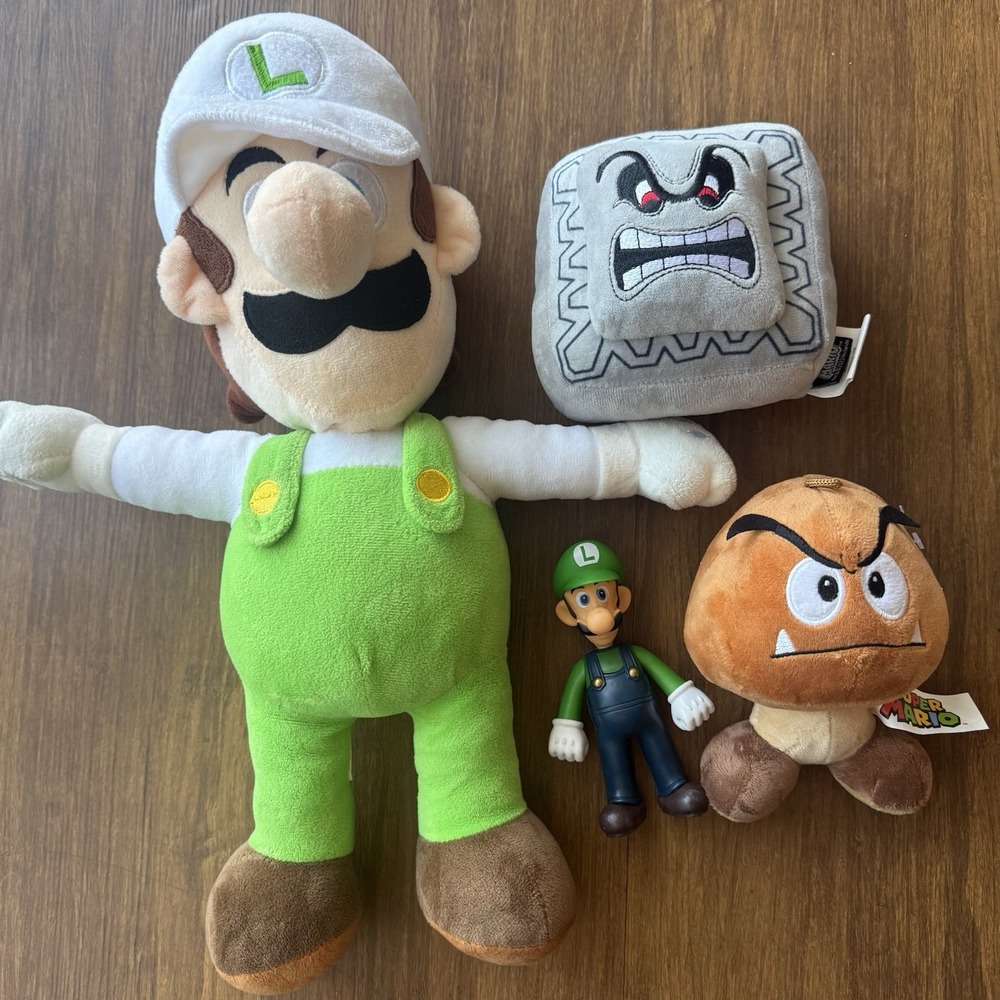 Super Mario Bros Plush Lot Luigi Thwomp Goomba Stuffed Animals